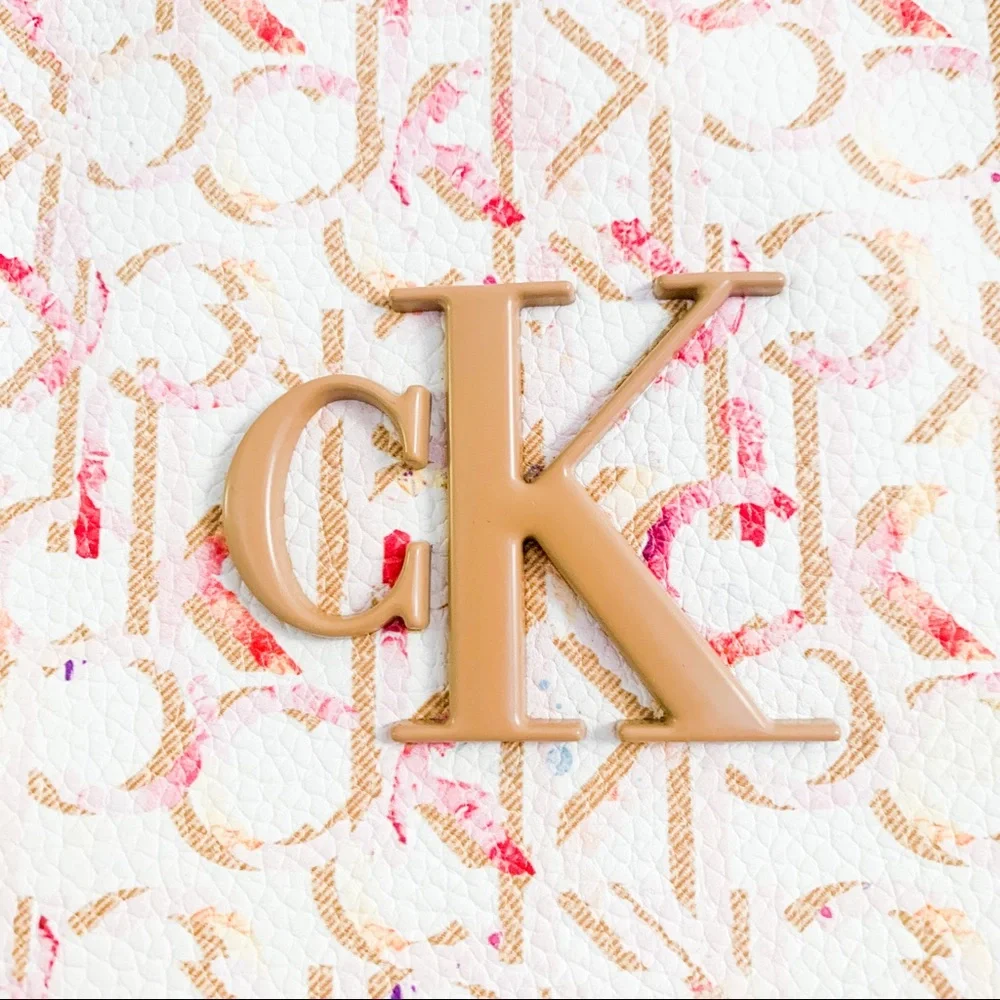 Calvin Klein Pink Cream Monogram Tote with Tan Handles